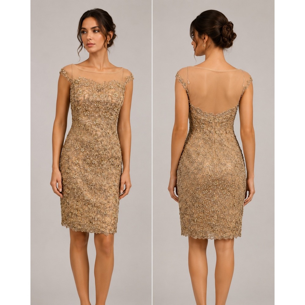 NWT MARSONI BY COLORS GOLD SHEER BEADED PARTY  COCKTAIL DRESS